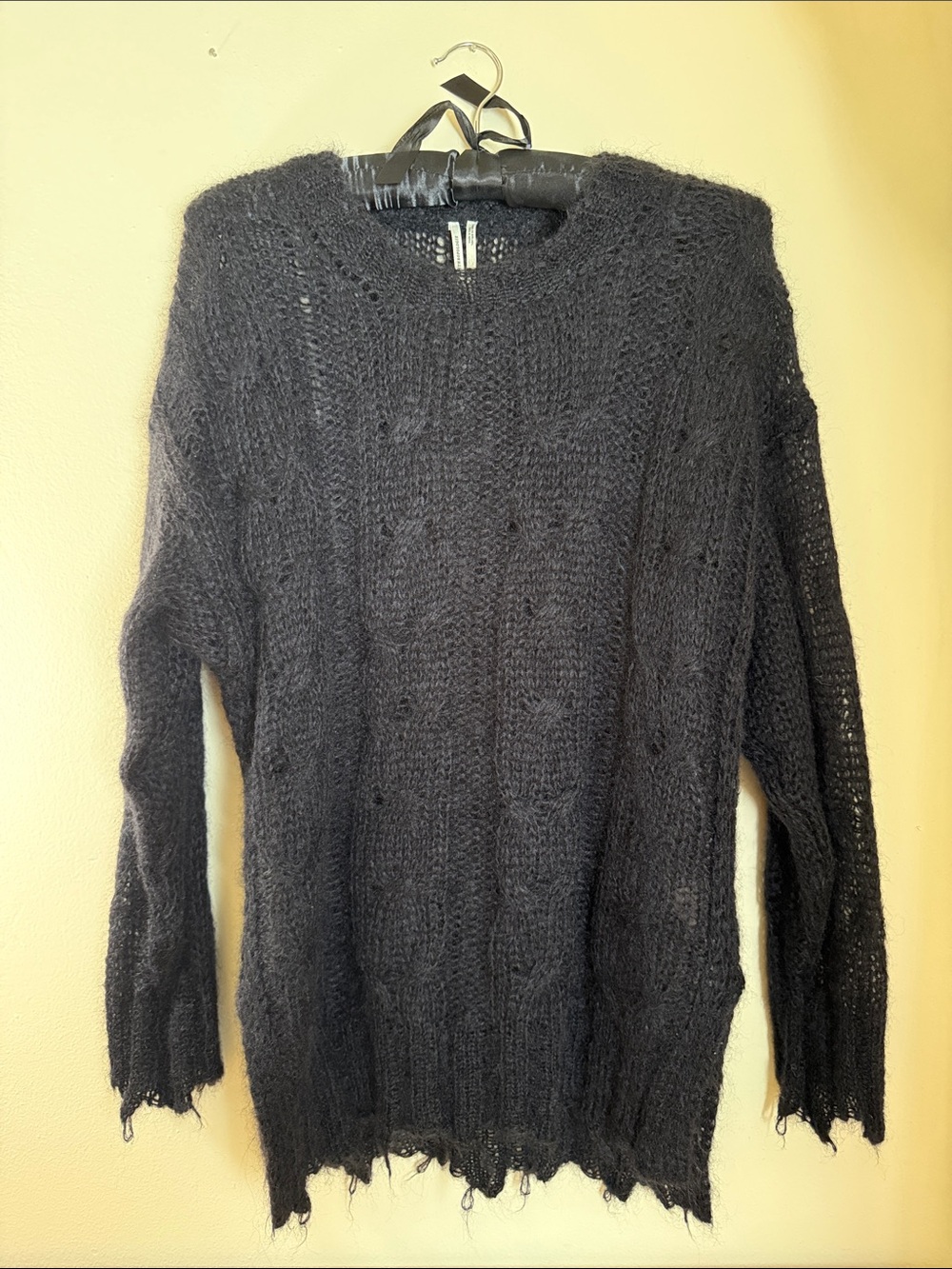 Anthropologie Black Distressed Open-Knit Wool Crewneck Sweater